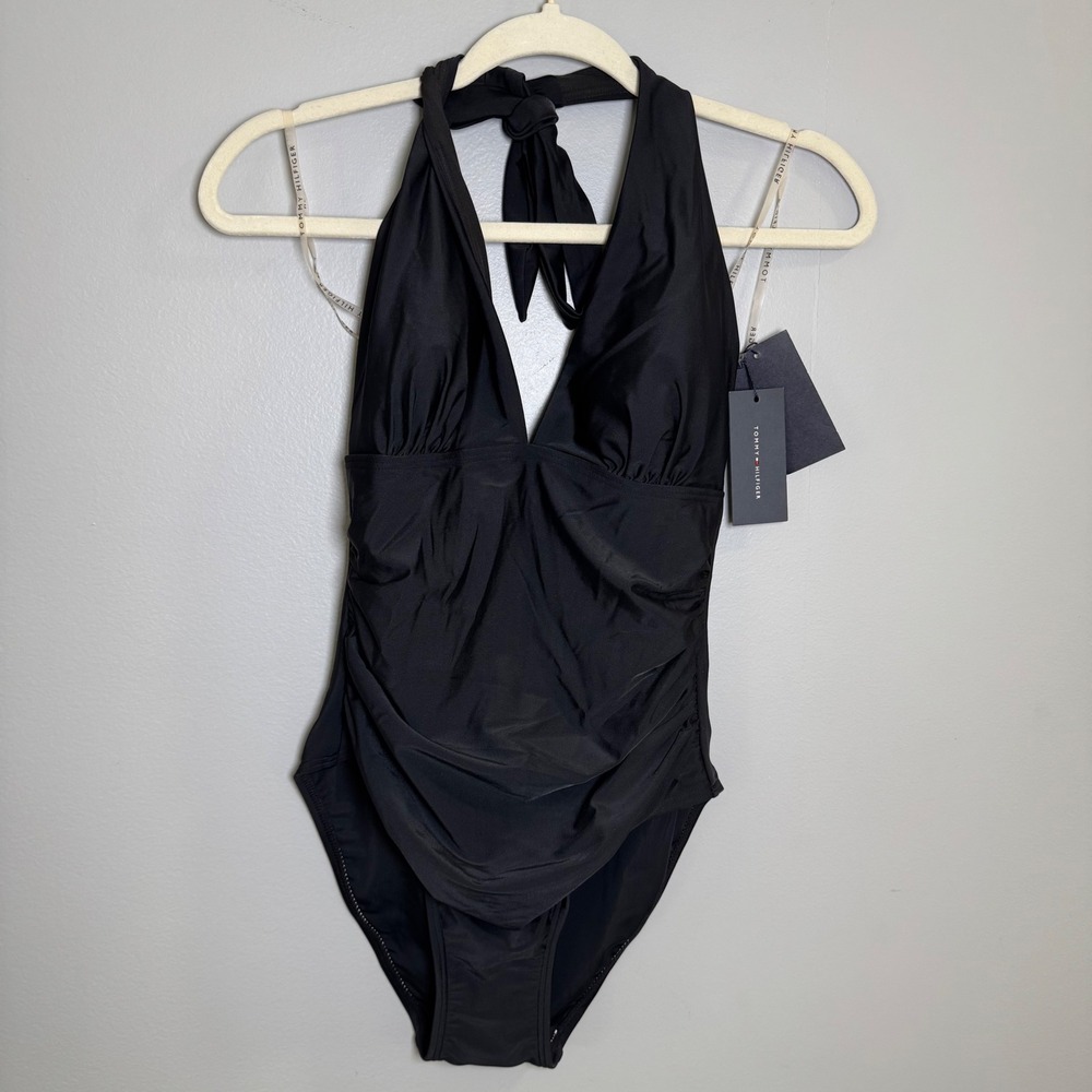 Tommy Hilfiger Womens Black Ruched Halter One Piece Swimsuit TZOMS503 Size 8 NWT